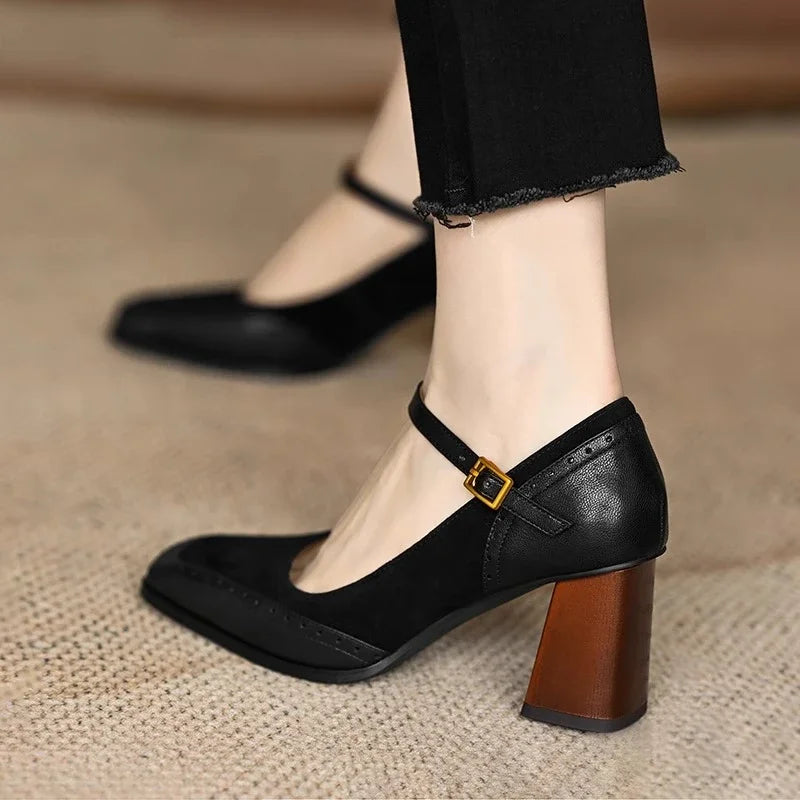 Suede Buckle Block Heels