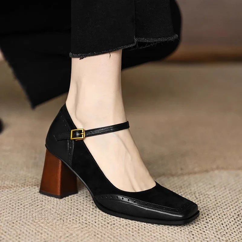 Suede Buckle Block Heels