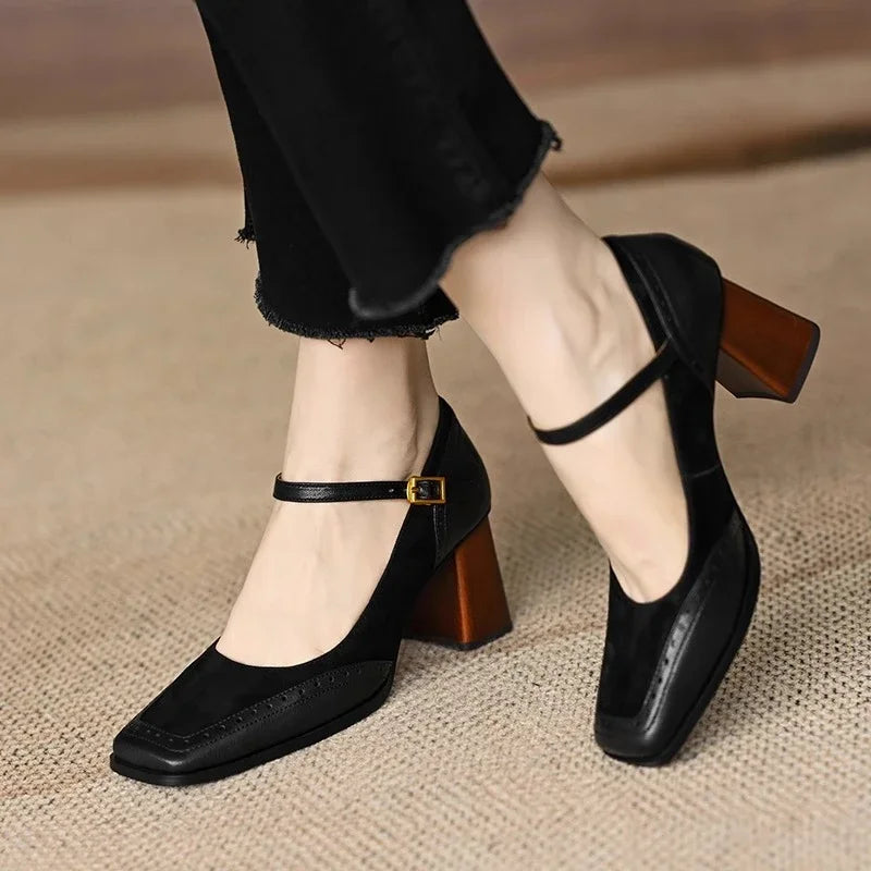 Suede Buckle Block Heels