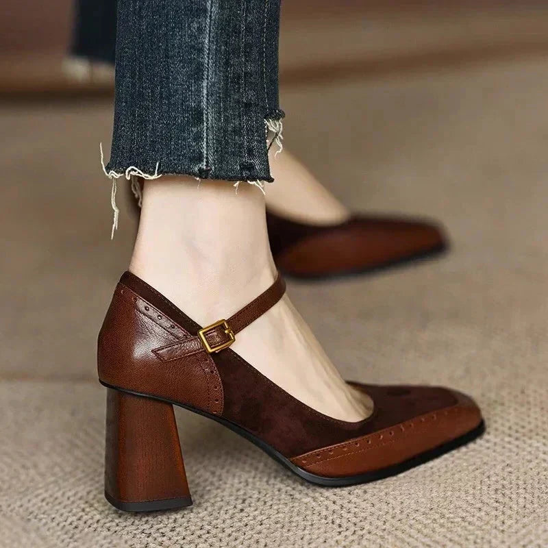 Suede Buckle Block Heels