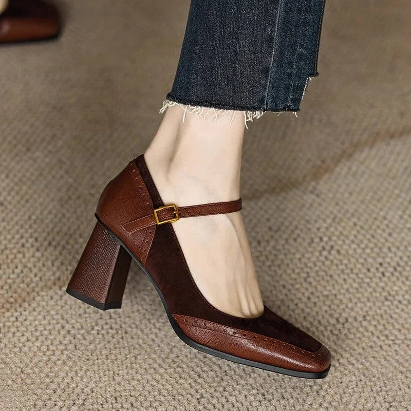 Suede Buckle Block Heels