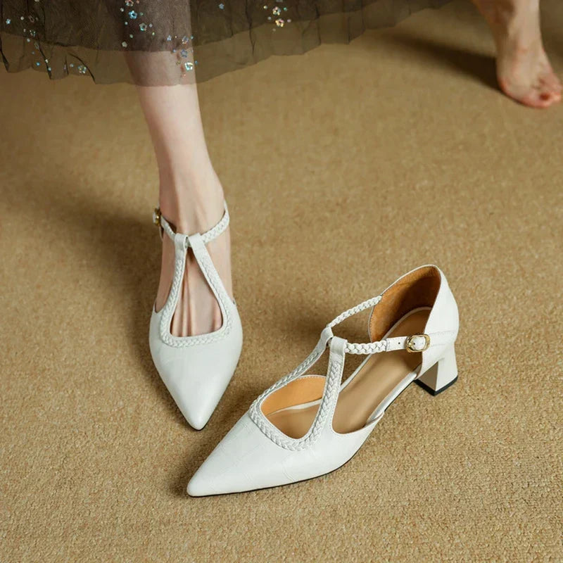 Pointed T-Strap Block Heels