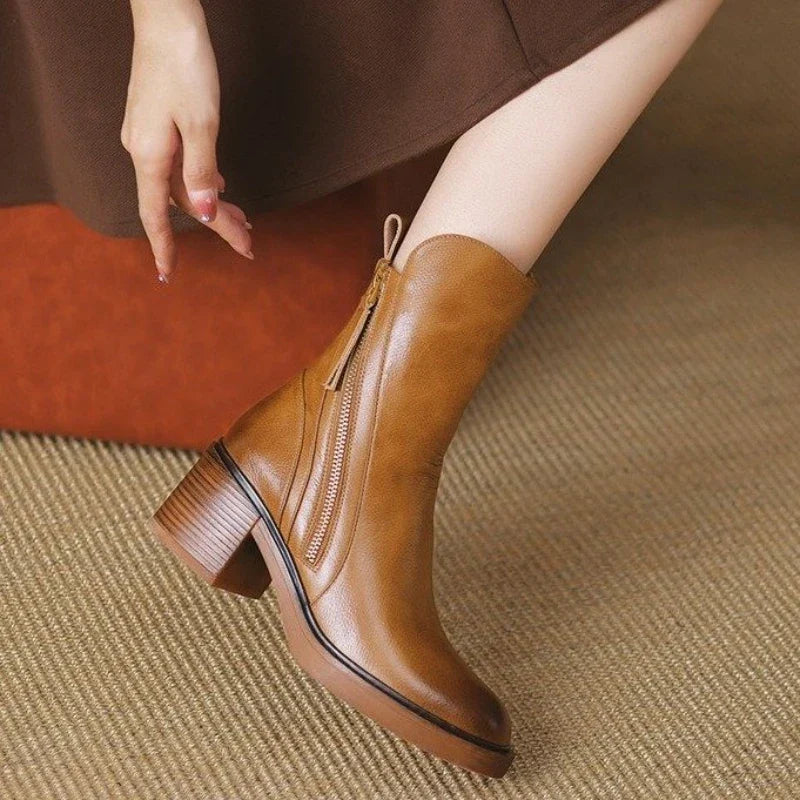 Leather Block-Heel Ankle Boots