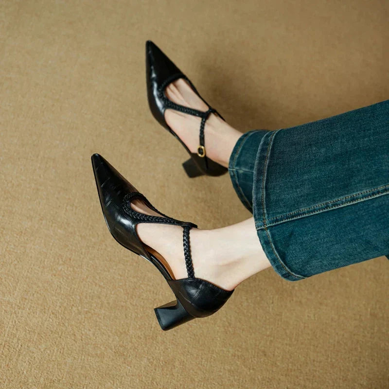 Pointed T-Strap Block Heels