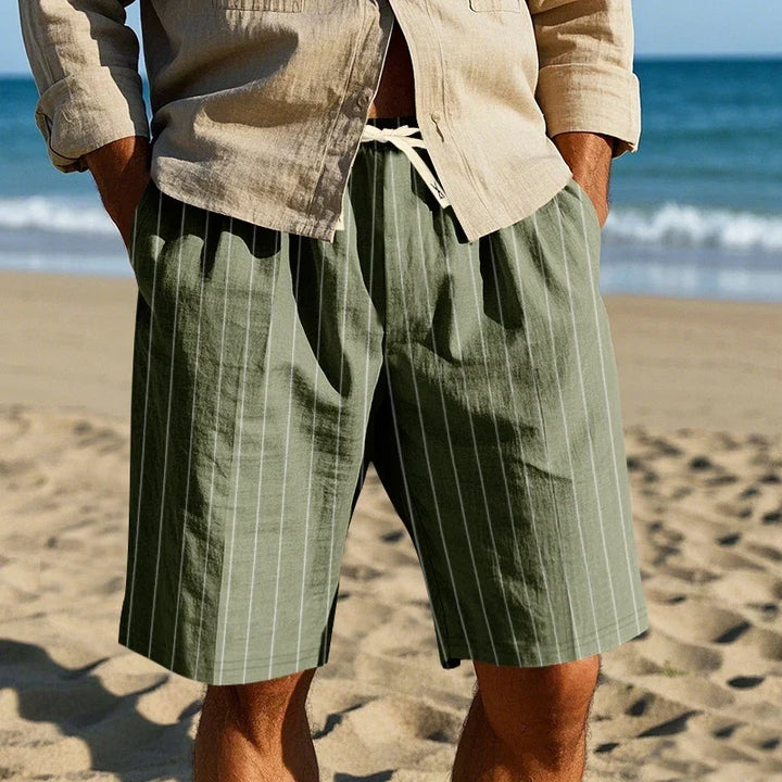 Pleated Striped Linen Drawstring Shorts