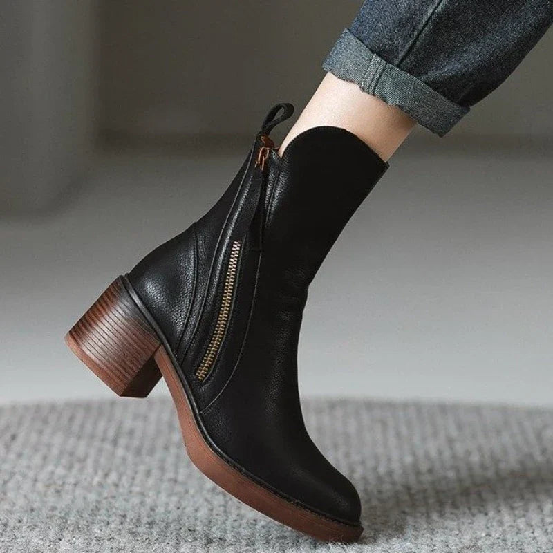Leather Block-Heel Ankle Boots