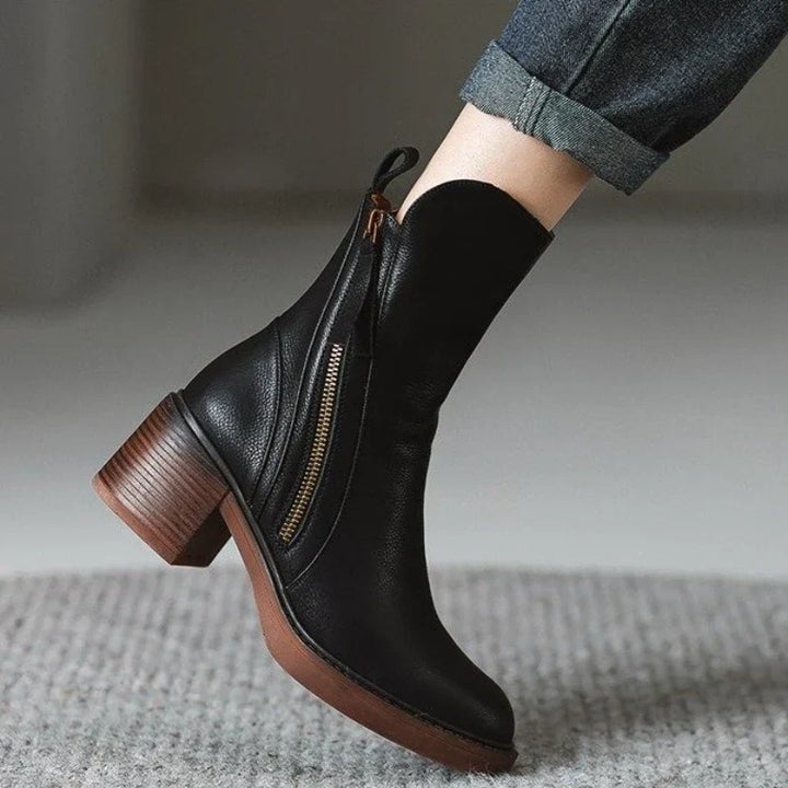Leather Block-Heel Ankle Boots