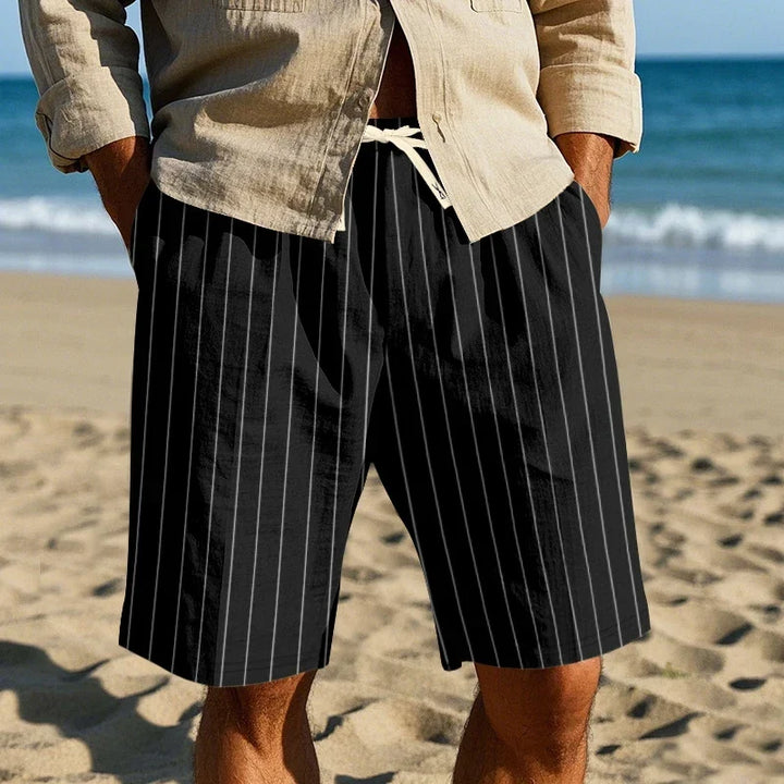 Pleated Striped Linen Drawstring Shorts