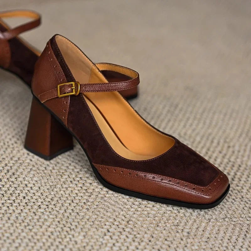 Suede Buckle Block Heels