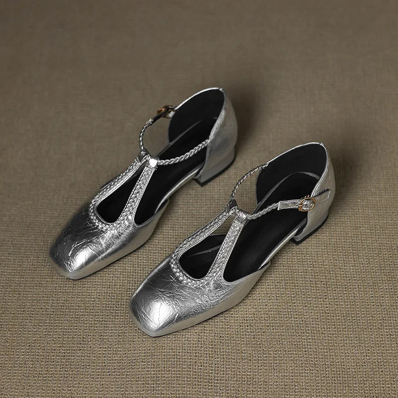 Woven T-Bar Leather Flats
