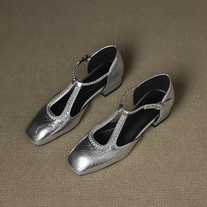 Woven T-Bar Leather Flats