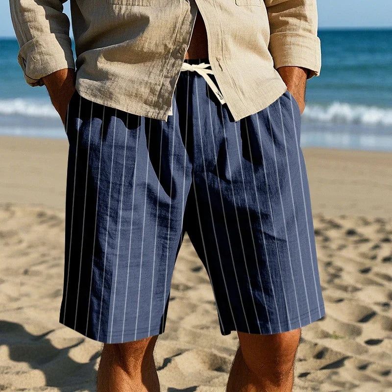 Pleated Striped Linen Drawstring Shorts
