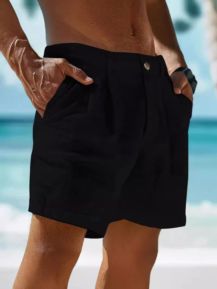 Pleated Cotton-Linen Shorts