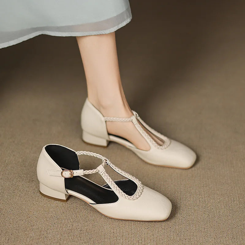 Woven T-Bar Leather Flats