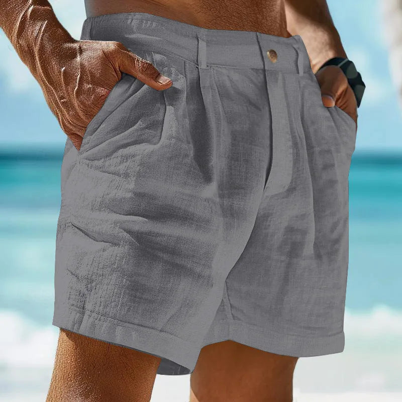 Pleated Cotton-Linen Shorts