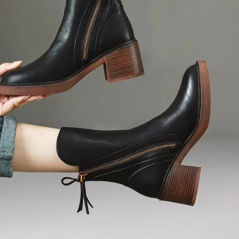 Leather Block-Heel Ankle Boots