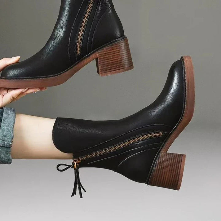 Leather Block-Heel Ankle Boots