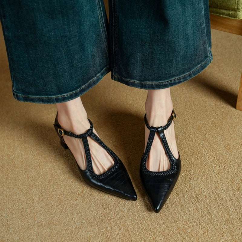 Pointed T-Strap Block Heels