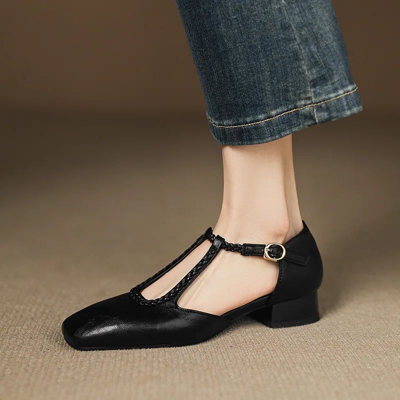 Woven T-Bar Leather Flats