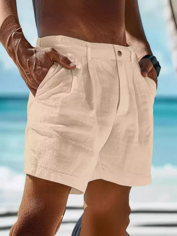 Pleated Cotton-Linen Shorts