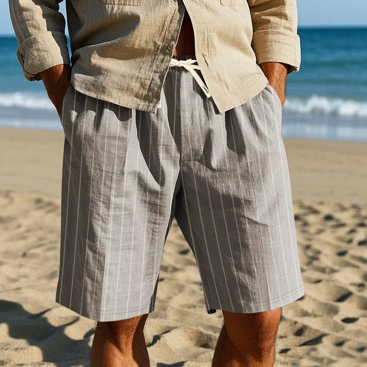 Pleated Striped Linen Drawstring Shorts