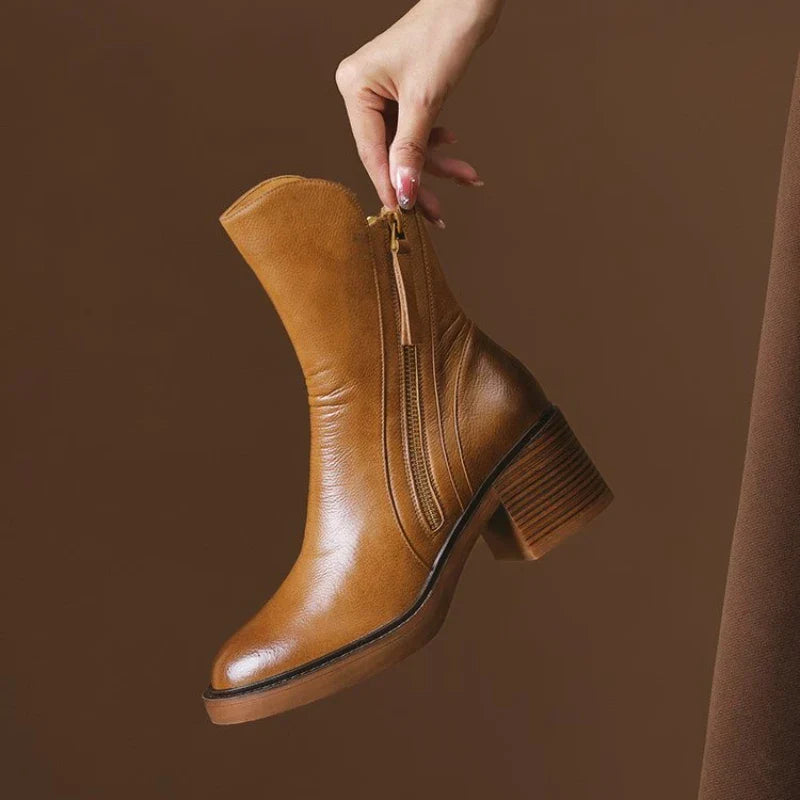 Leather Block-Heel Ankle Boots
