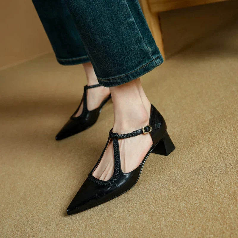 Pointed T-Strap Block Heels