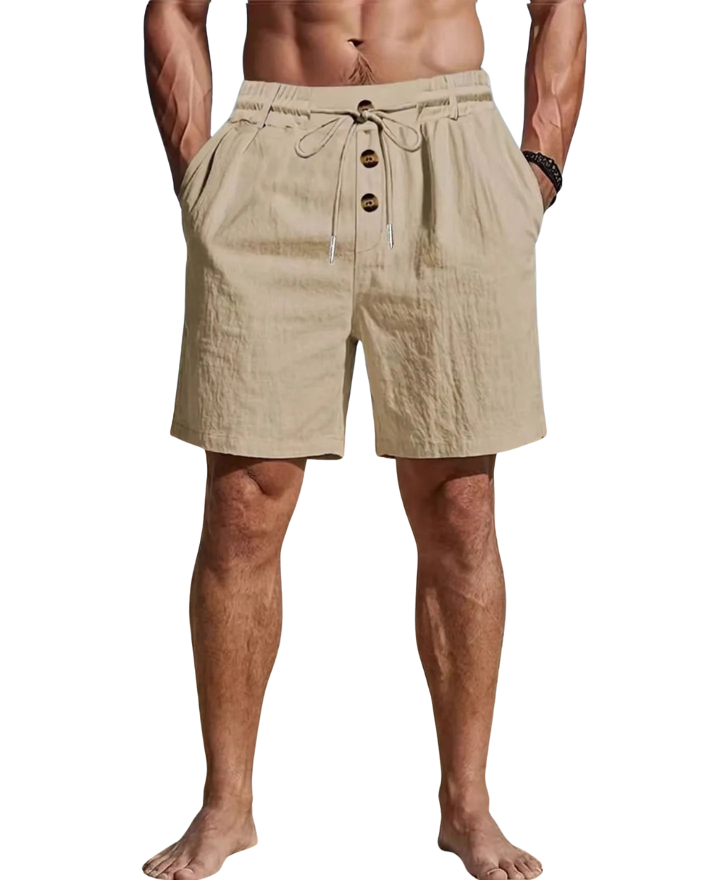 Three-Button Cotton-Linen Drawstring Shorts