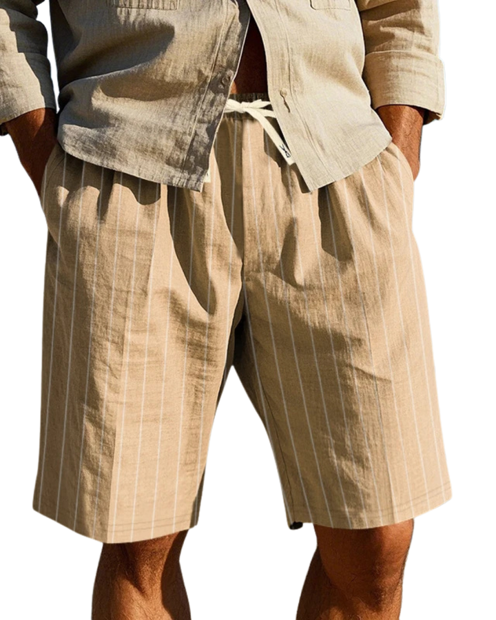 Pleated Striped Linen Drawstring Shorts