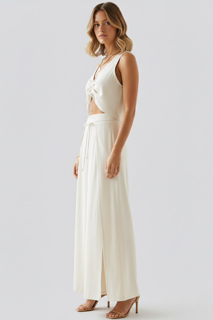 Women’s Two Piece Set with V Neck Top and Wide Leg Pants