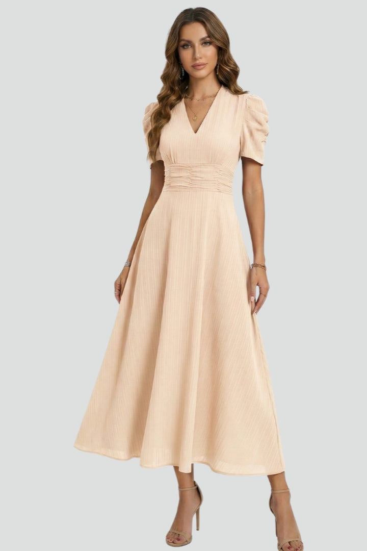 V-Neck Midi Dress With Short Sleeves