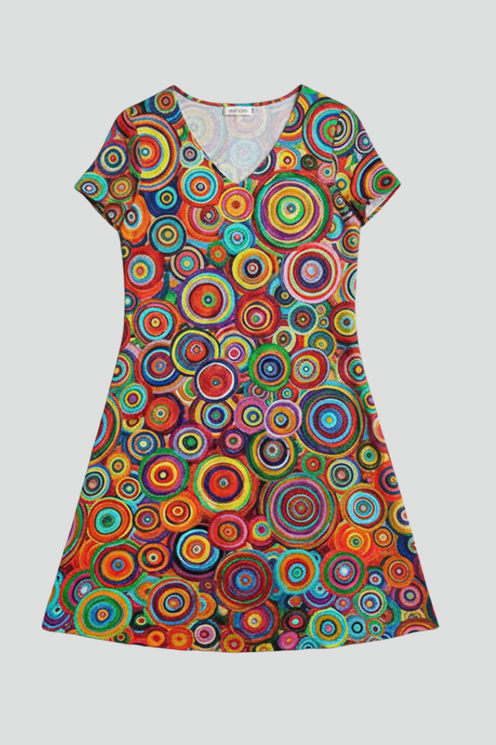 Women Knee-Length Dress with V Neck and Short Sleeves