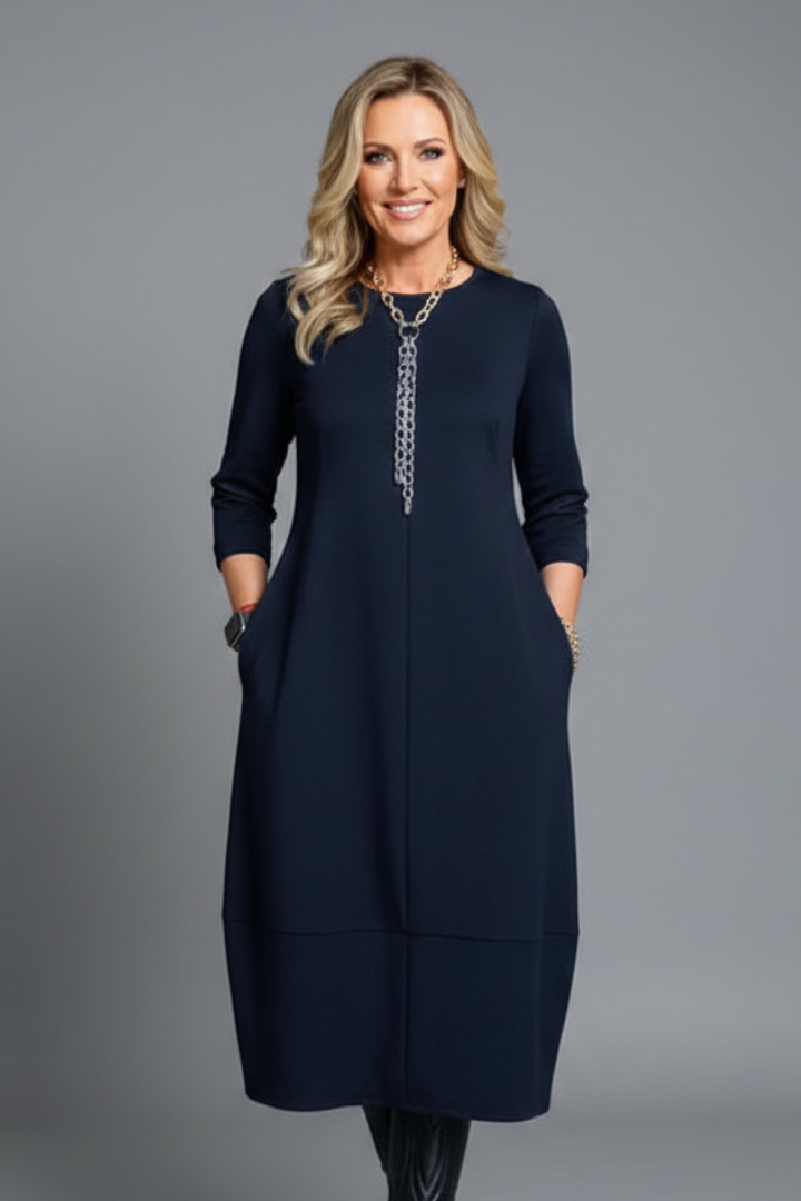 Women Midi Dress with Round Neck and Pockets