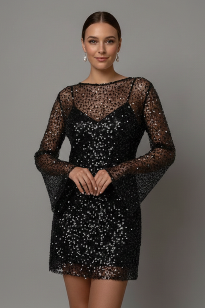 Women Mini Dress with Mesh Overlay and Sleeveless Underlayer