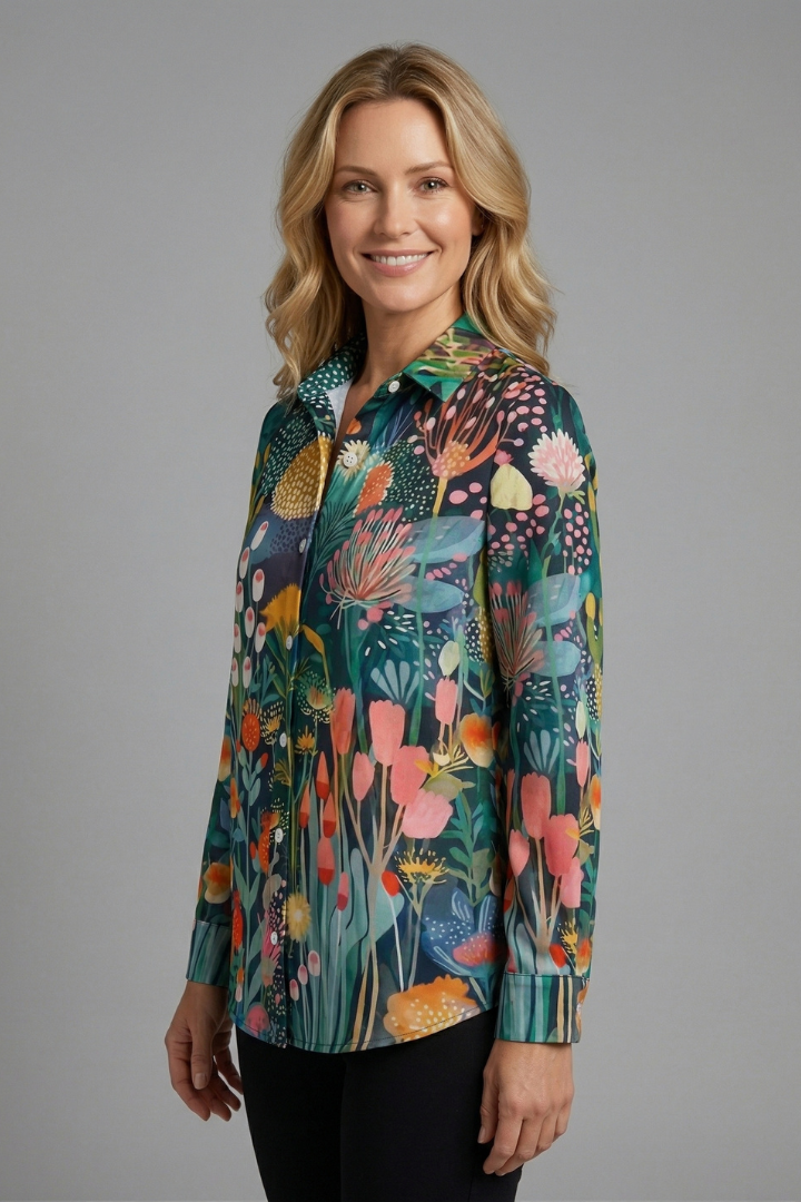 Women’s Blouse with Patterned Surface and Button Closure