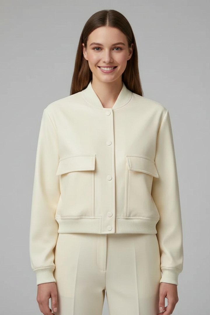 Women’s Bomber Jacket with Baseball Collar and Snap Buttons