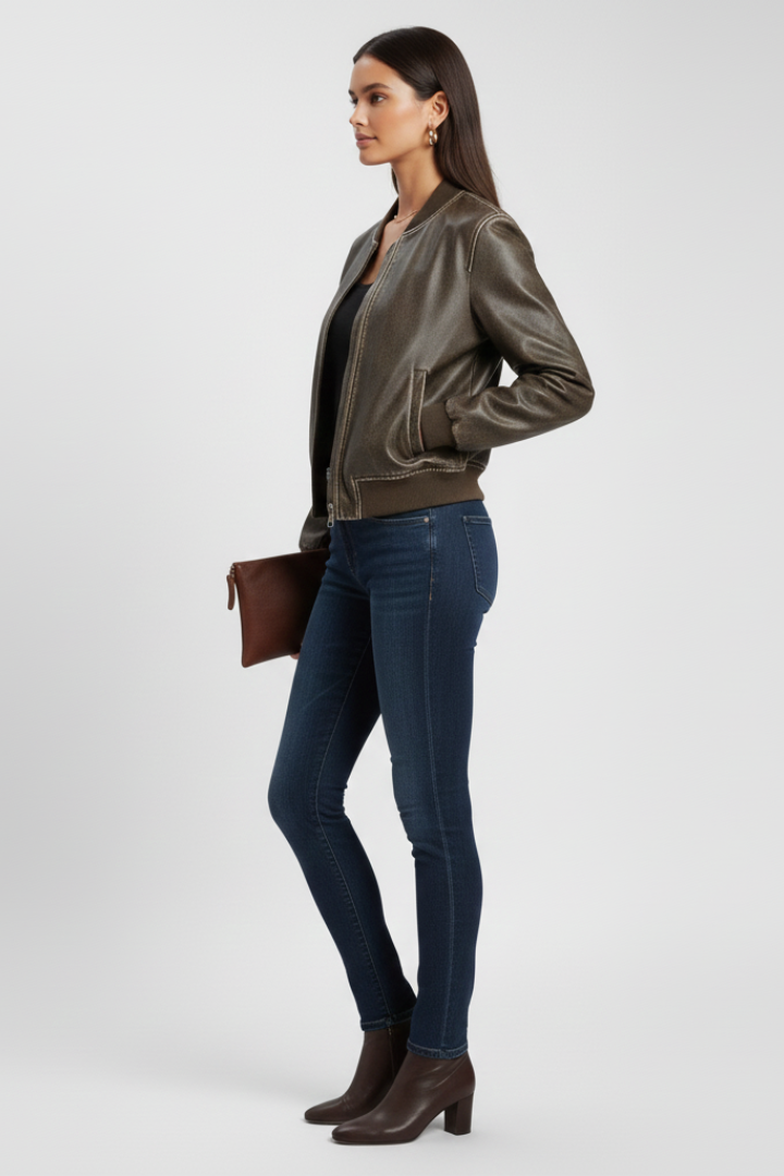 Women’s Bomber Jacket with Collared Neck and Woven Outer Surface