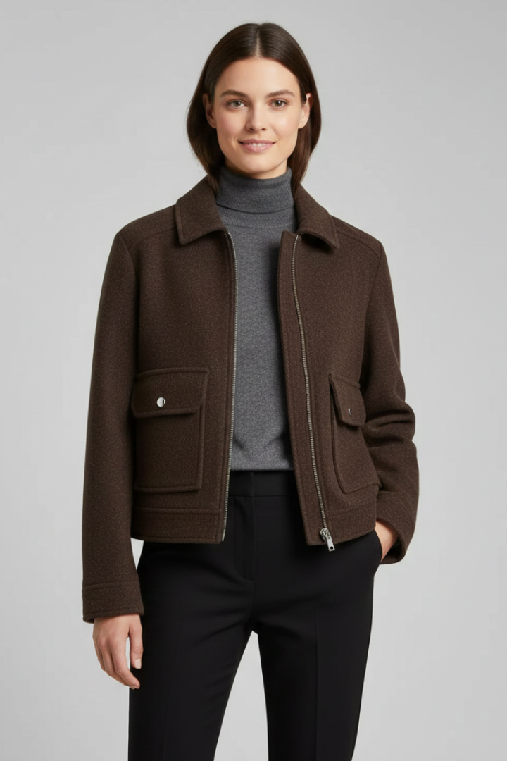 Women’s Bomber Jacket with Lapel Collar and Zip Fastening