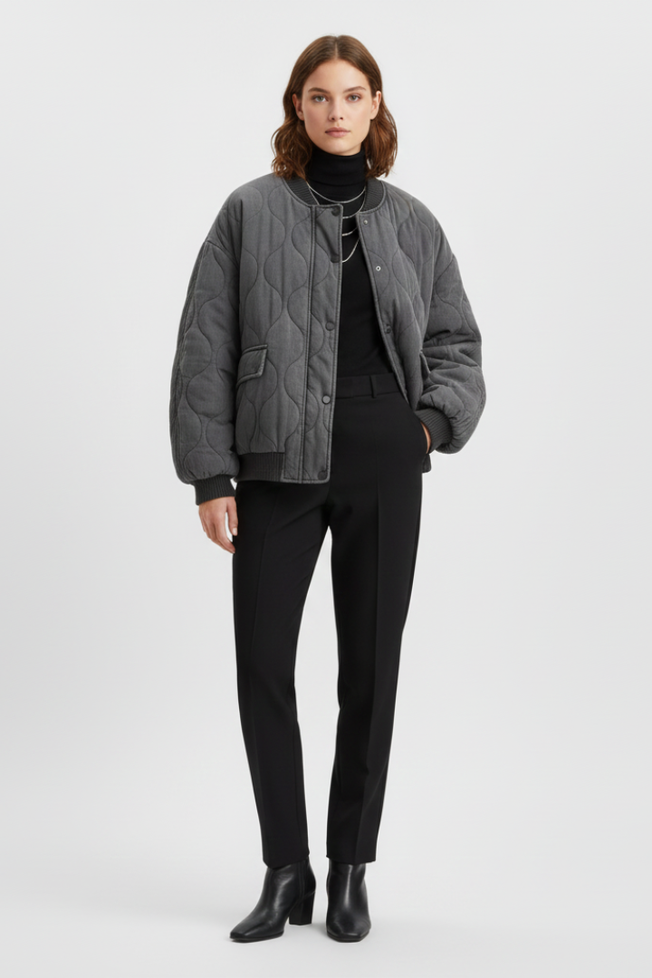 Women’s Bomber Jacket with Snap Closure and Quilted Surface