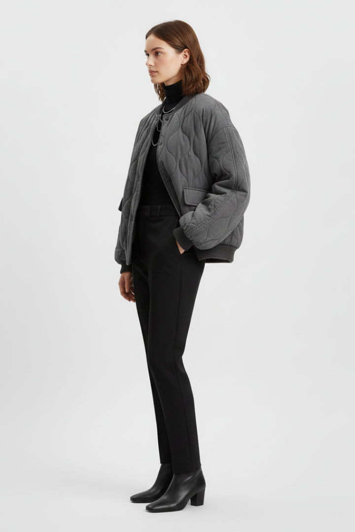 Women’s Bomber Jacket with Snap Closure and Quilted Surface