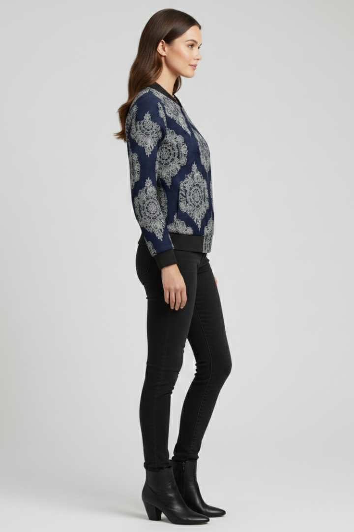 Women’s Bomber Jacket with Zip Closure and Floral Print