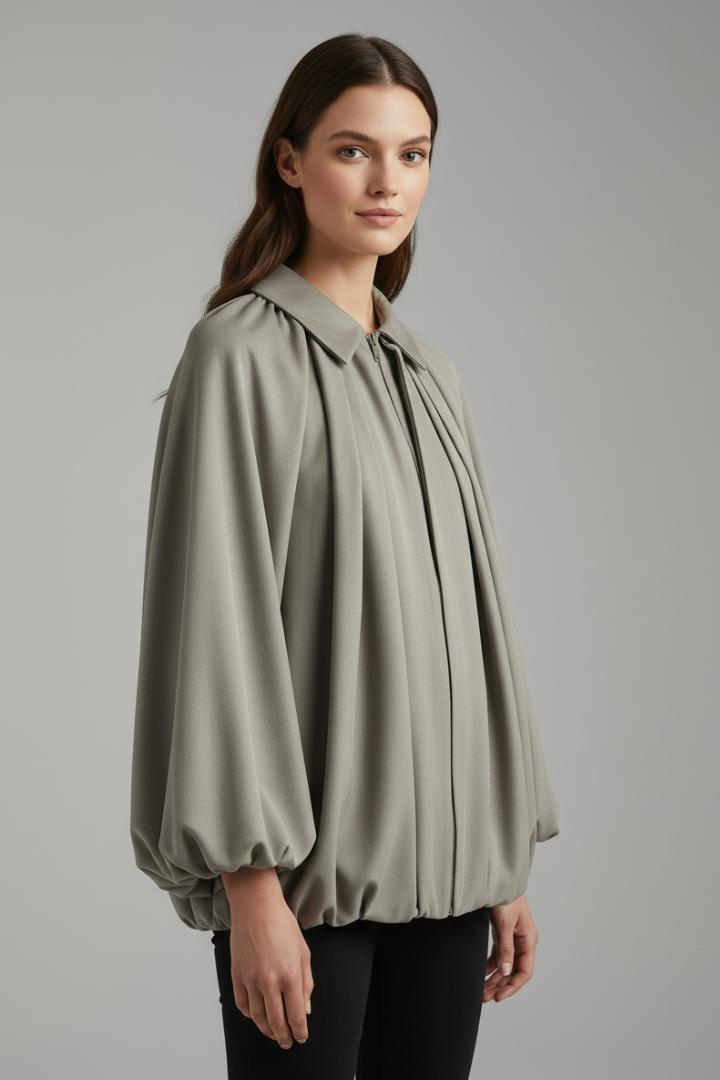 Women’s Bomber Jacket with Zip Front and Puff Sleeves
