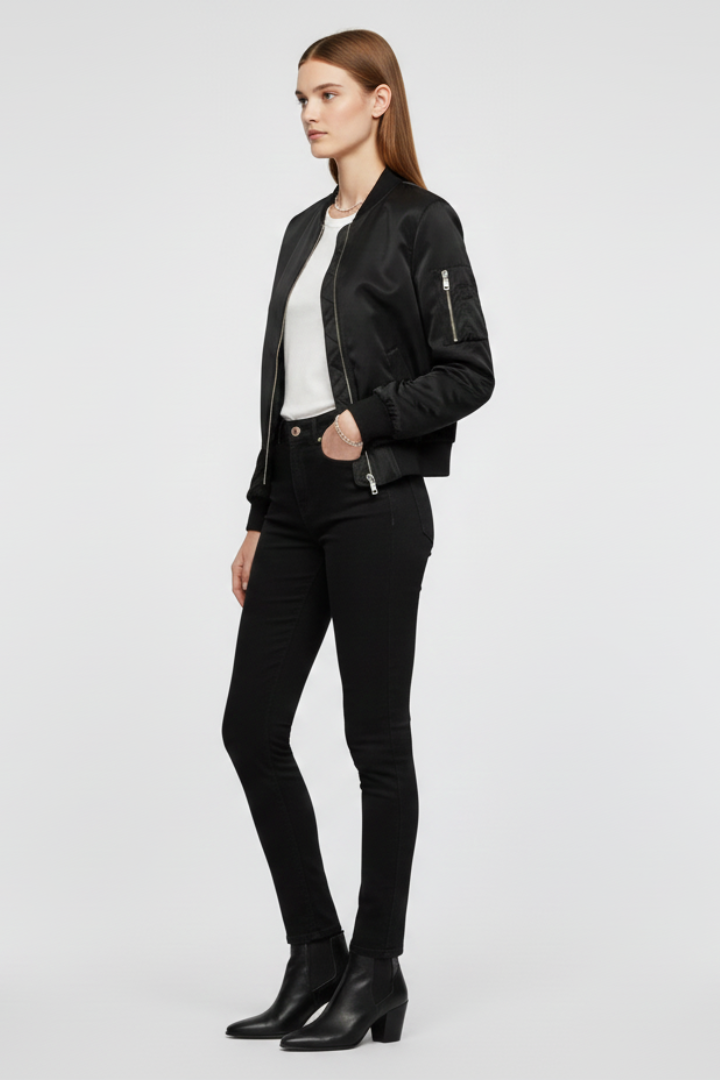 Women’s Bomber Jacket with Zipper Closure and Ribbed Details