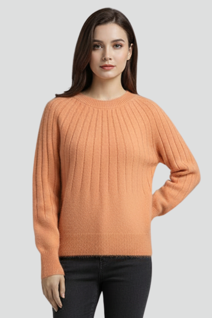 Women’s Crew Neck Jumper with Ribbed Surface and Long Sleeves