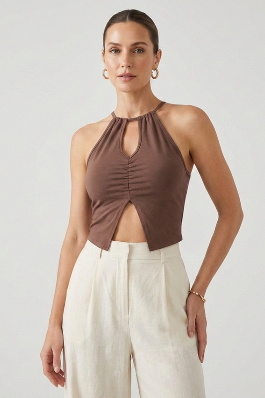 Women’s Crop Top with Keyhole Cut-Out and Ruching