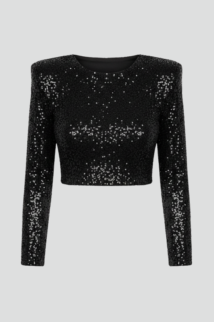 Women’s Crop Top with Round Neckline and Sequin Surface