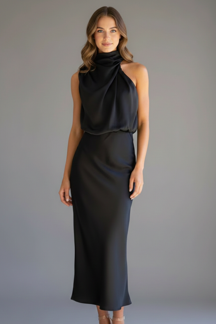 Women’s Dress with High Neck and Draped Front
