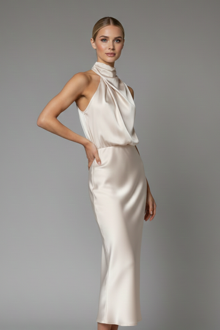 Women’s Dress with High Neck and Draped Front
