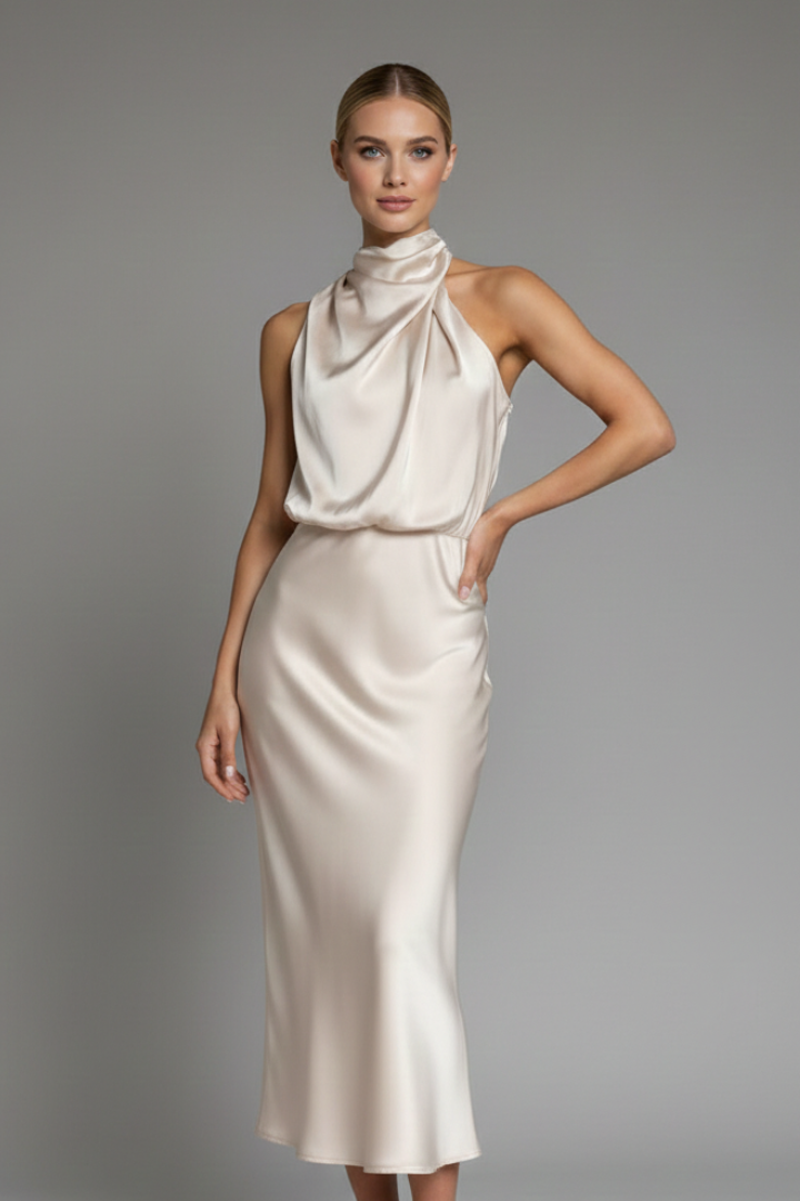 Women’s Dress with High Neck and Draped Front