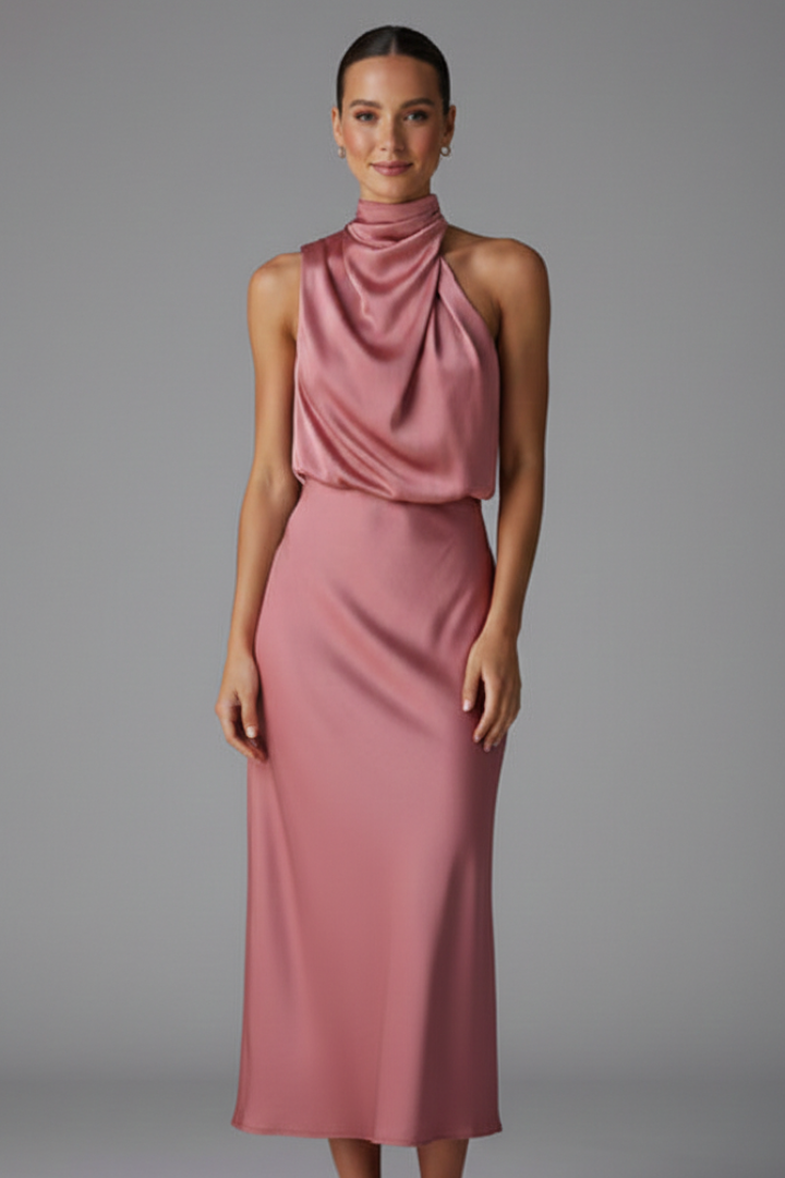 Women’s Dress with High Neck and Draped Front